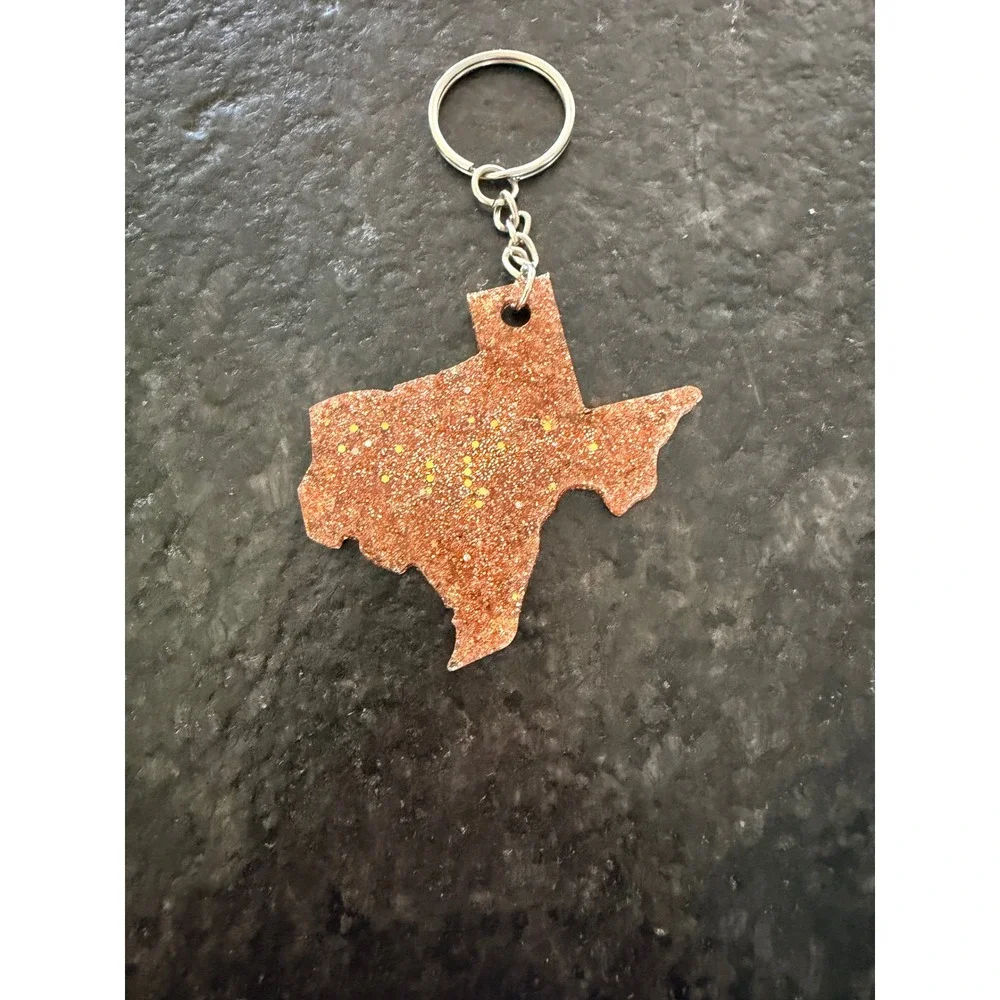 Texas State Shape Keychain Gold Copper Glitter Resin Sparkly‎ Key Ring